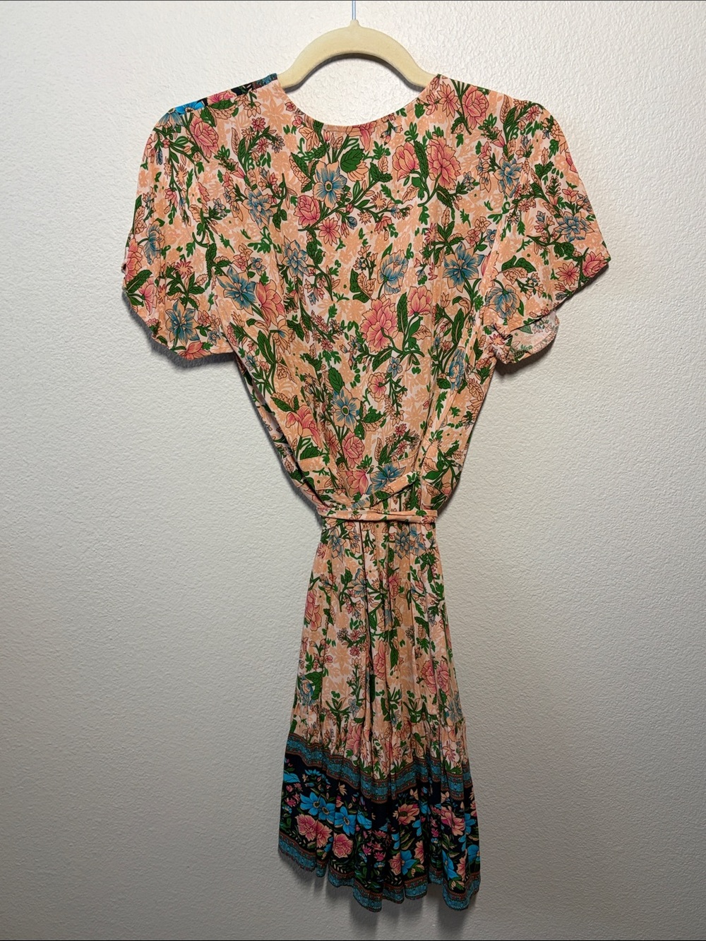 Floral V-Neck Mini Dress in Peach with Blue Accents - Picture 6 of 7